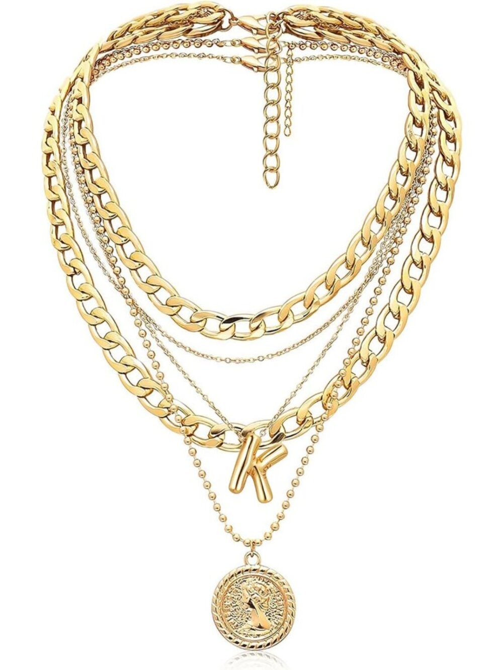 Trendy Layered Initial Coin Pendant Necklace - Dainty Chunky Chain Choker